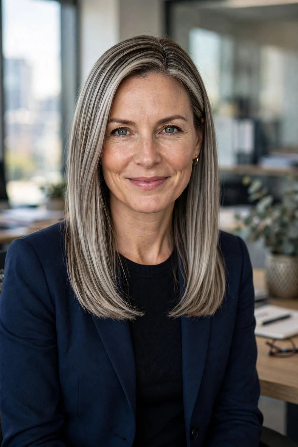 Woman with sleek ash-blonde foil highlights