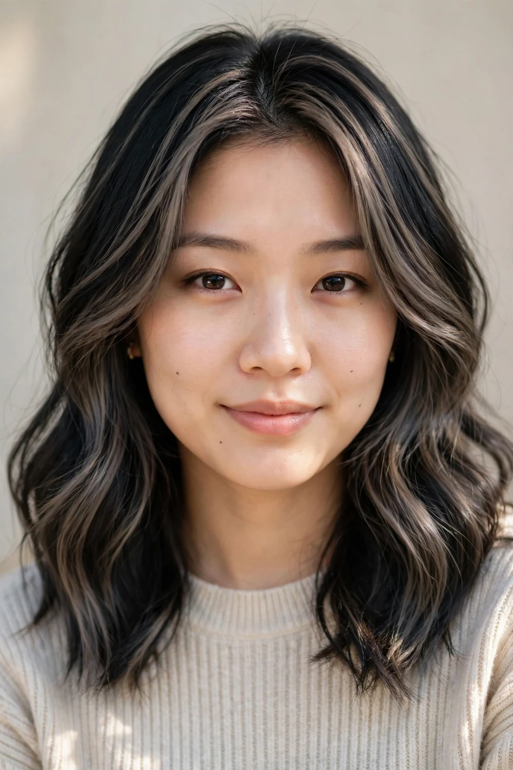 Woman with ash partial balayage, cool-toned painted sections