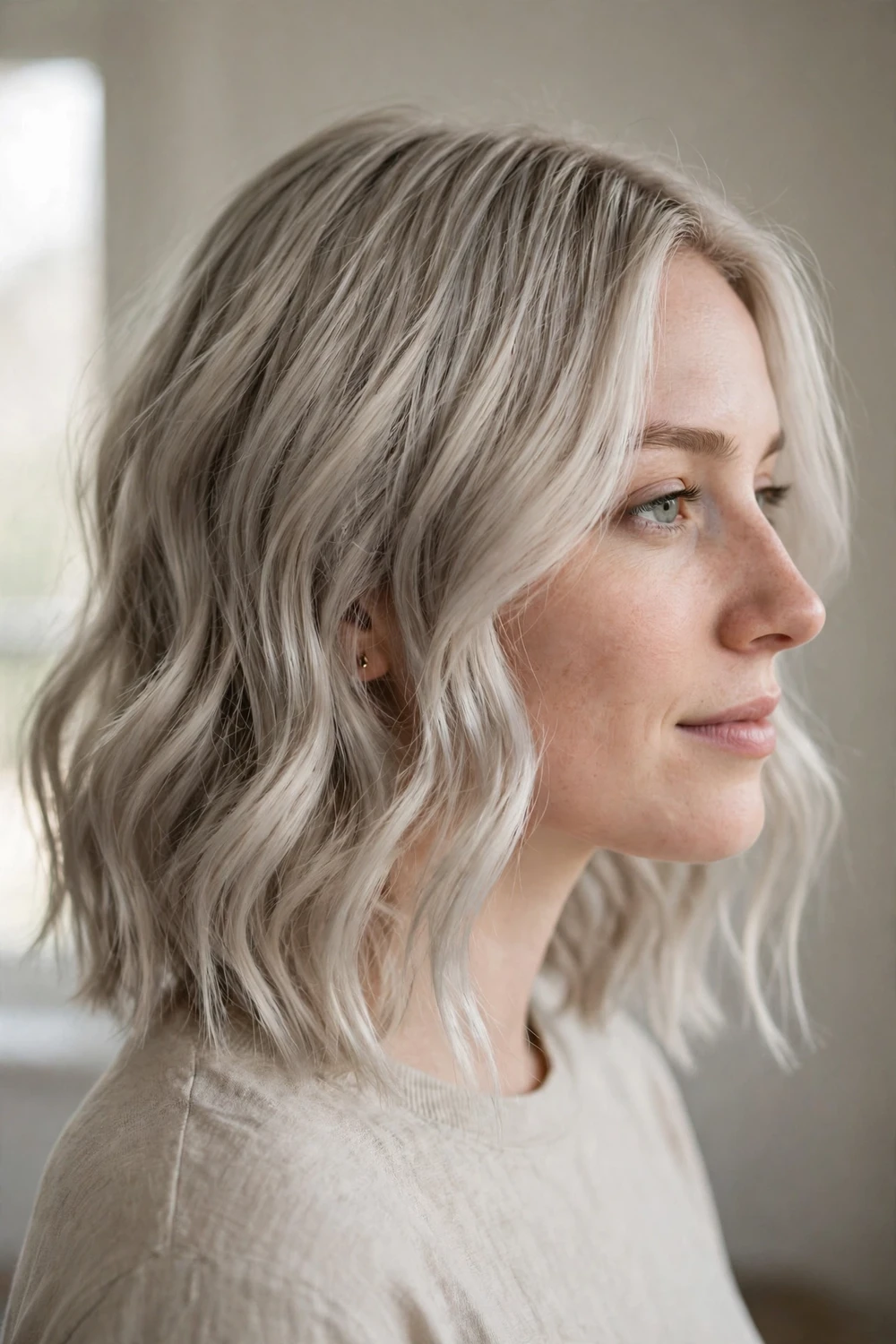 Woman with ash platinum blonde wavy shoulder-length hair in a smoky icy shade