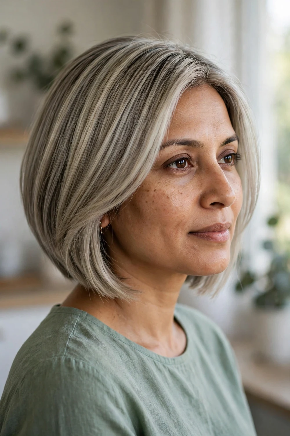 Cool-toned ashen angled bob with smoky blonde-gray color