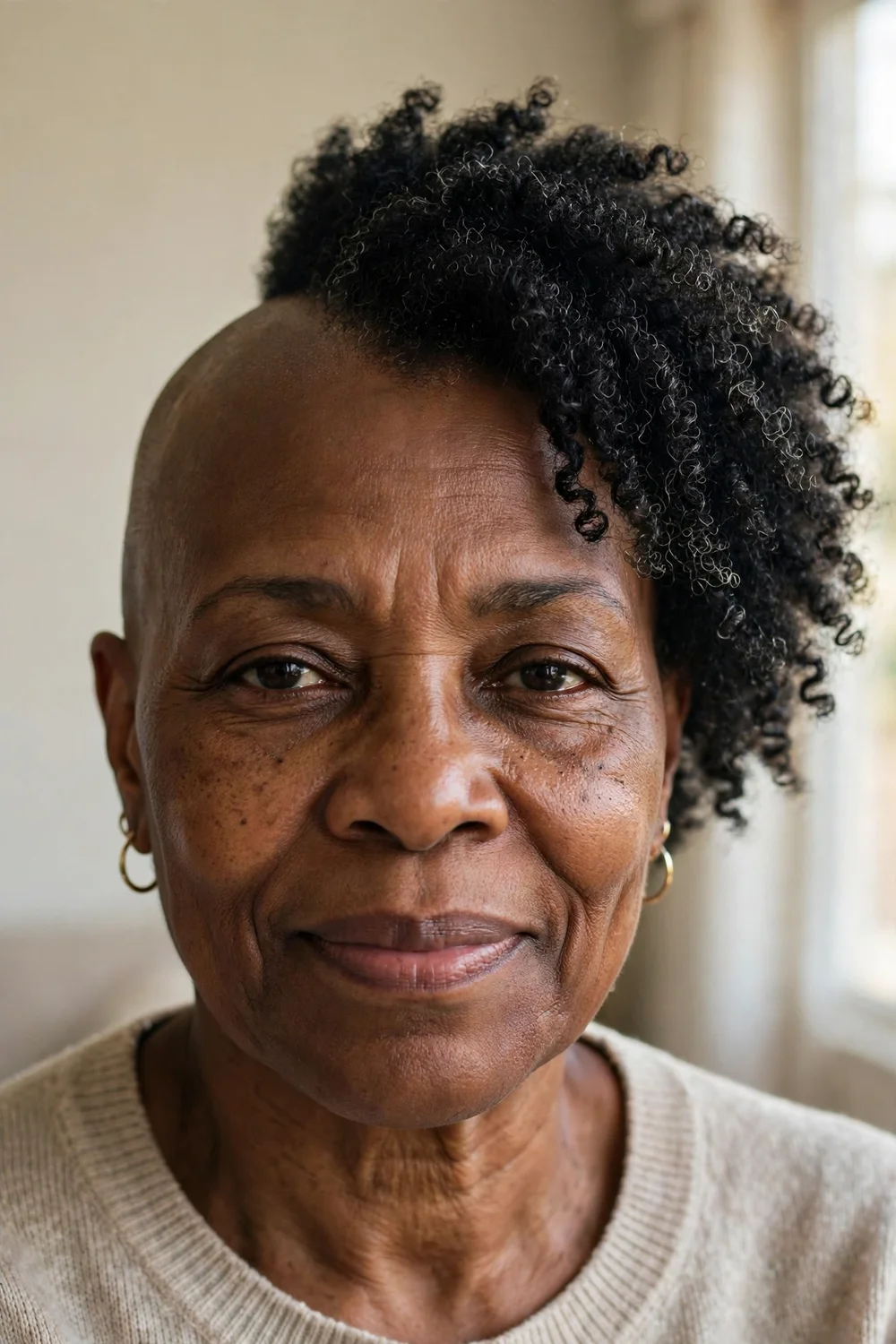 Older Black woman with an asymmetric fade, one side deeply faded