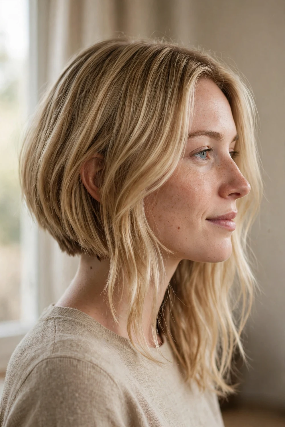 Asymmetrical angled bob on a woman with a round face, blonde hair longer on one side