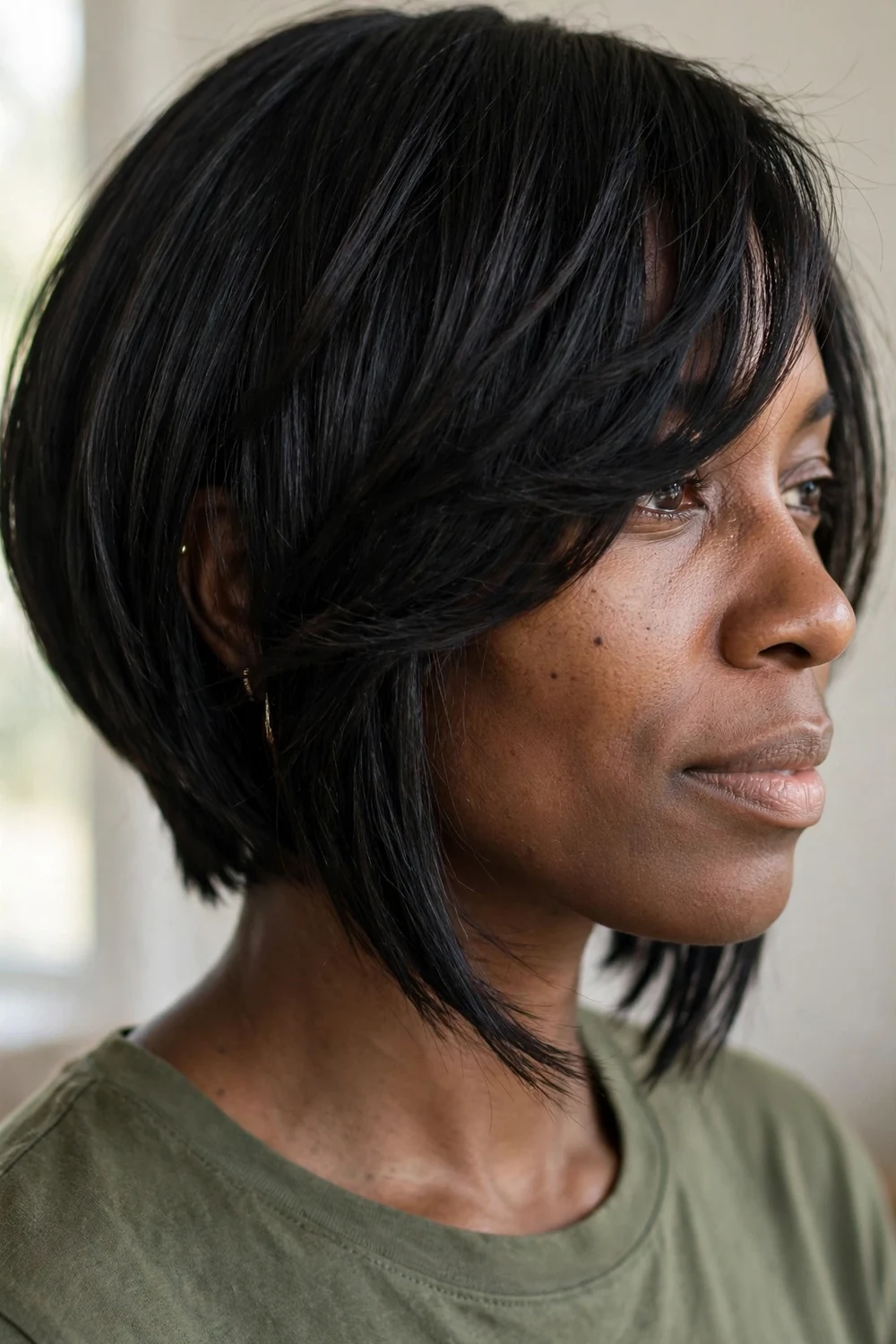 Asymmetrical bob with deep side bangs on thin hair