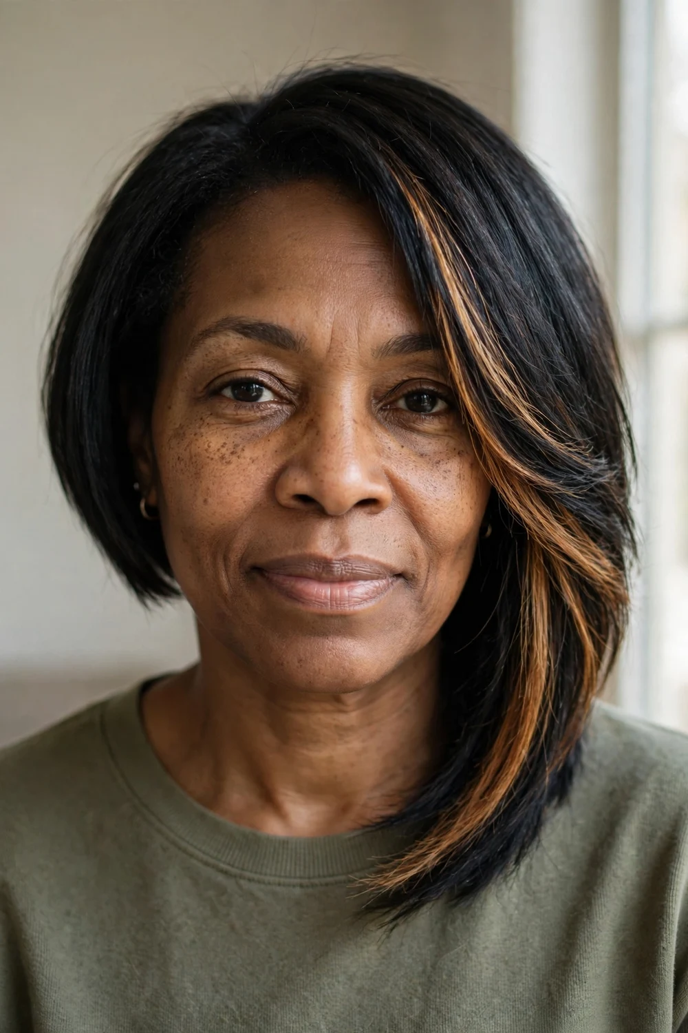 Black woman with asymmetrical bob and lighter face-framing highlights along the longer side