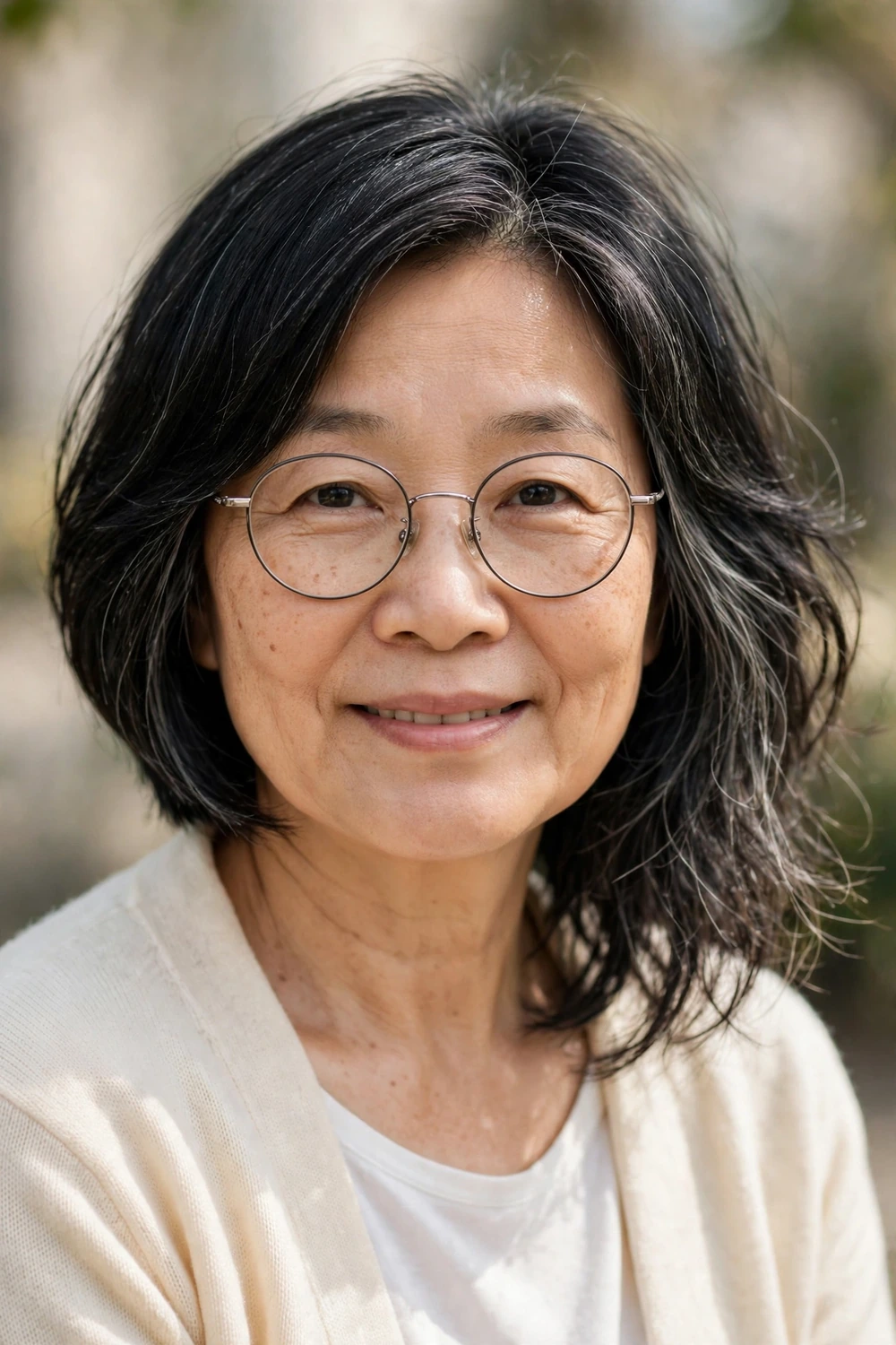 Asymmetrical bob on a woman over 60 wearing glasses