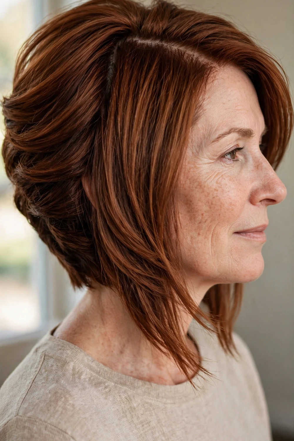 Angled layered asymmetrical bob with deep side part and stacked back