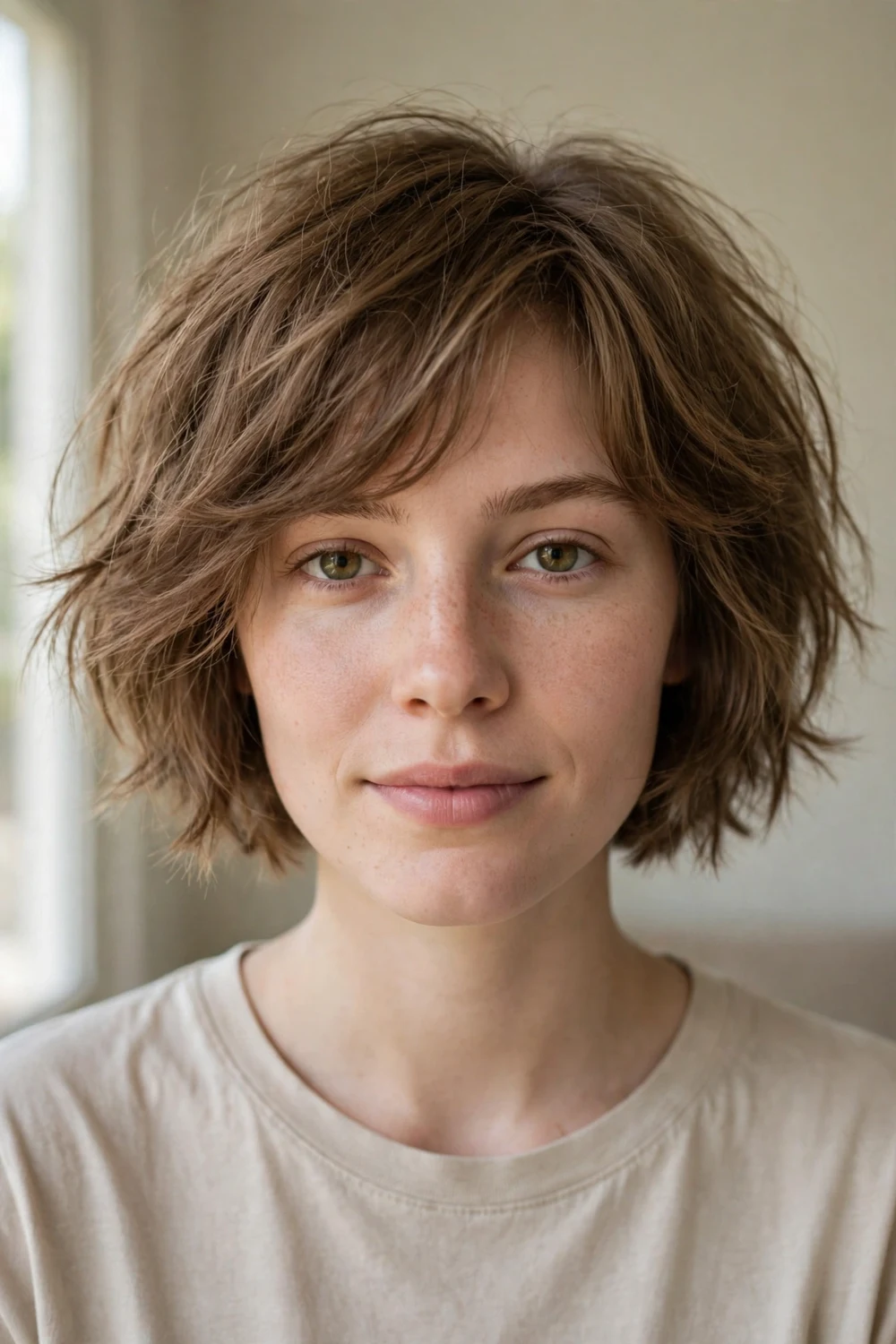 Choppy baby bob with growing-out side-swept bangs and slightly uneven sides