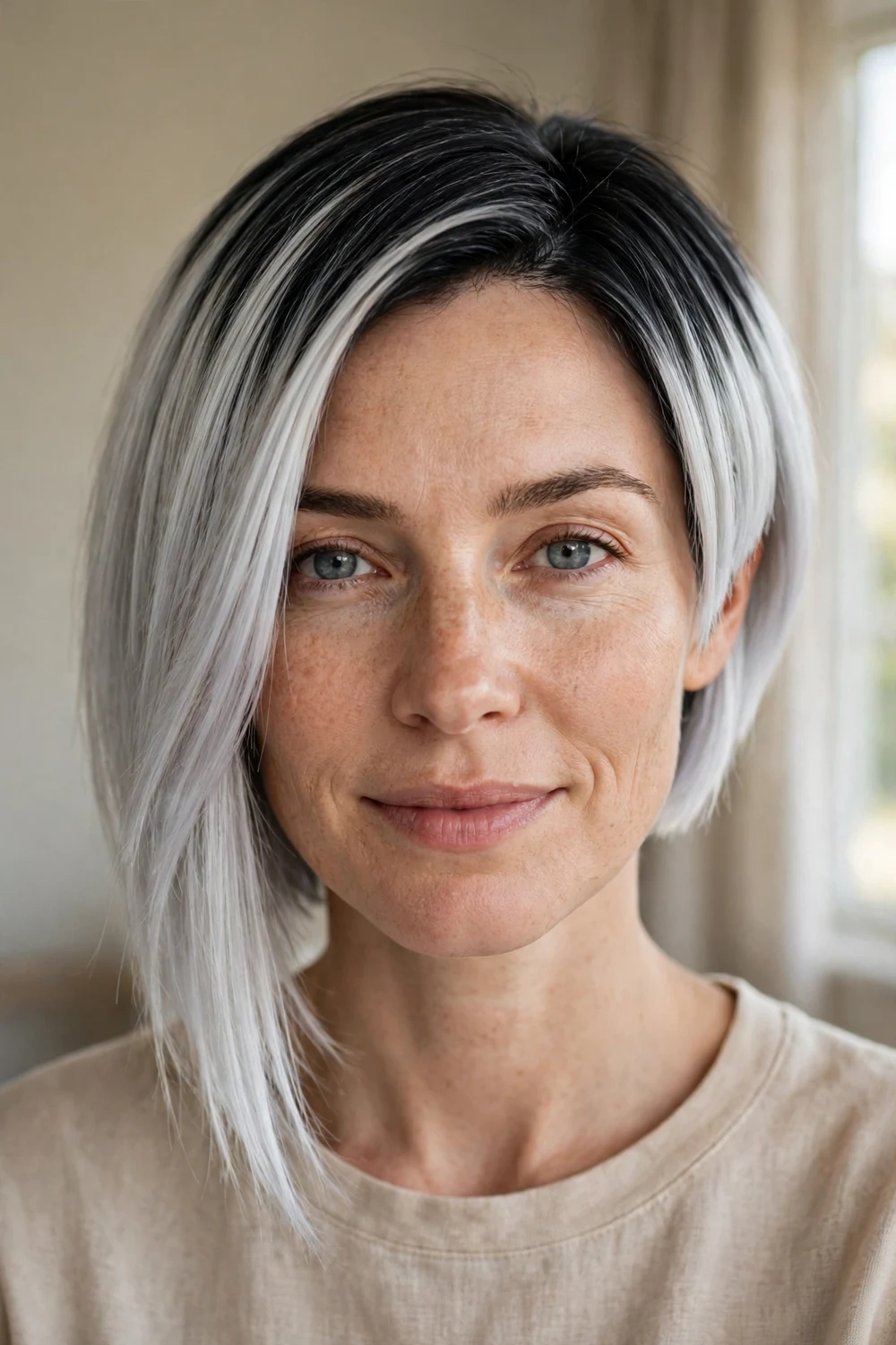 Asymmetrical bob with dark black roots fading into white silver lengths
