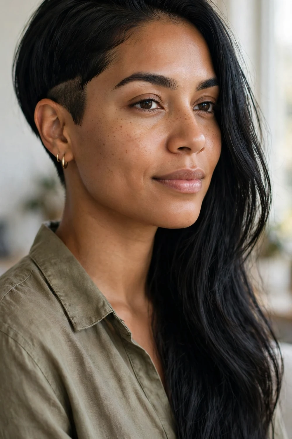 Extreme asymmetrical bob, very short on one side and collarbone length on the other
