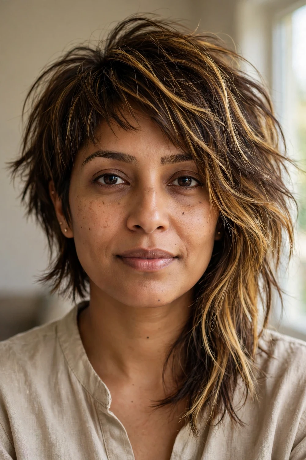 Choppy asymmetrical bob with golden blonde highlights on brown hair