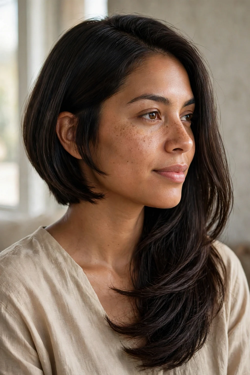 Long asymmetrical lob with uneven sides, one side at the shoulder and the other shorter