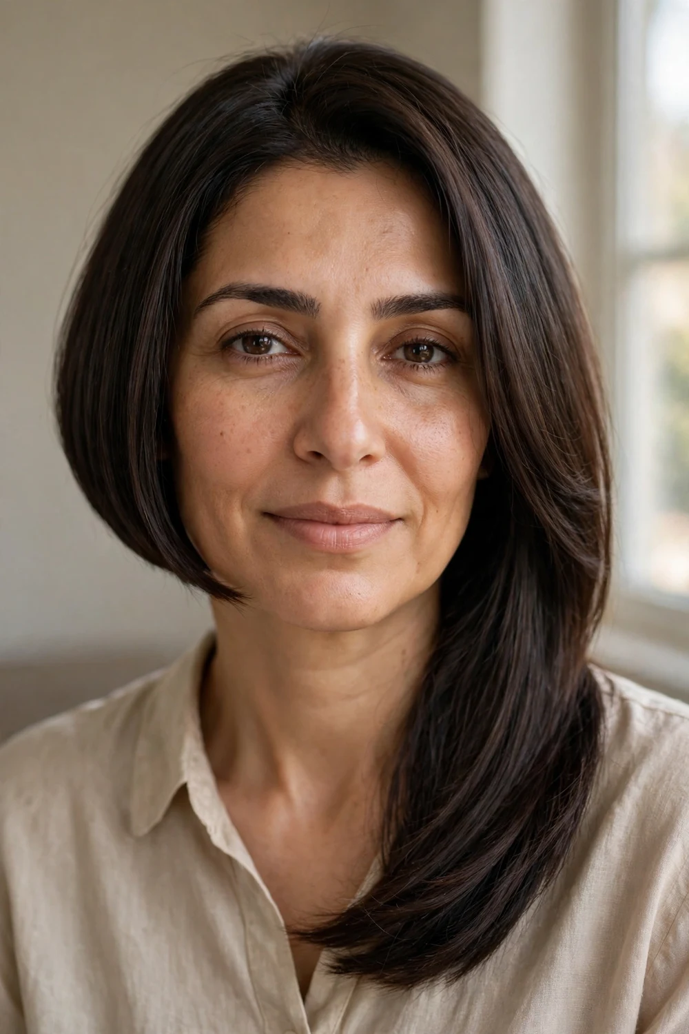 Medium-length asymmetrical bob, collarbone on one side and chin on the other