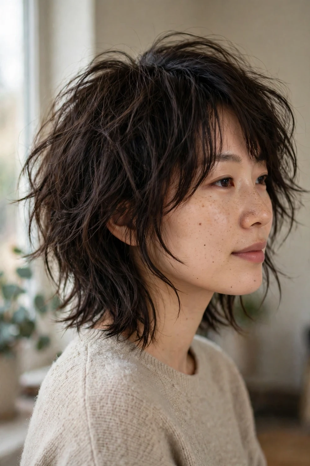 Messy shaggy asymmetrical bob with choppy textured layers