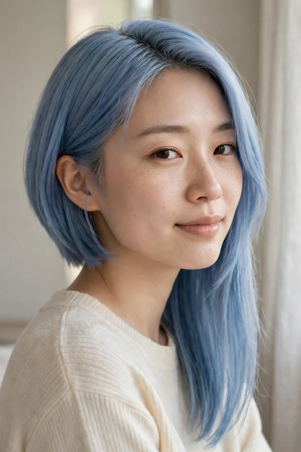 Pastel blue asymmetrical bob, straight with uneven sides