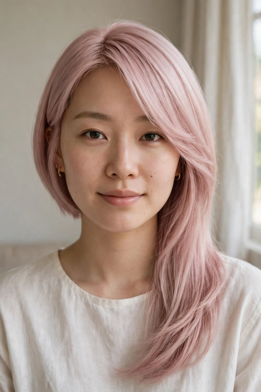 Pastel pink asymmetrical bob with long side bangs, sleek finish