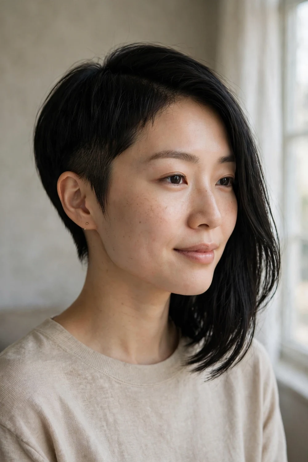 Pixie-like asymmetrical bob, one side short like a pixie and the other long like a bob