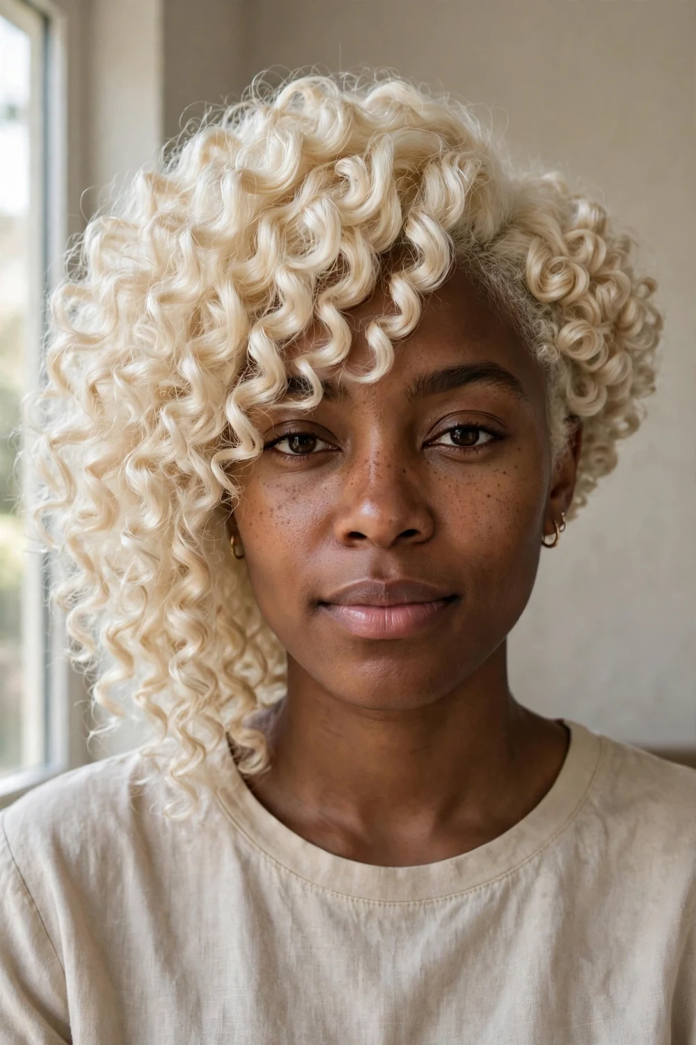 Platinum blonde curly asymmetrical bob with side bangs and volume