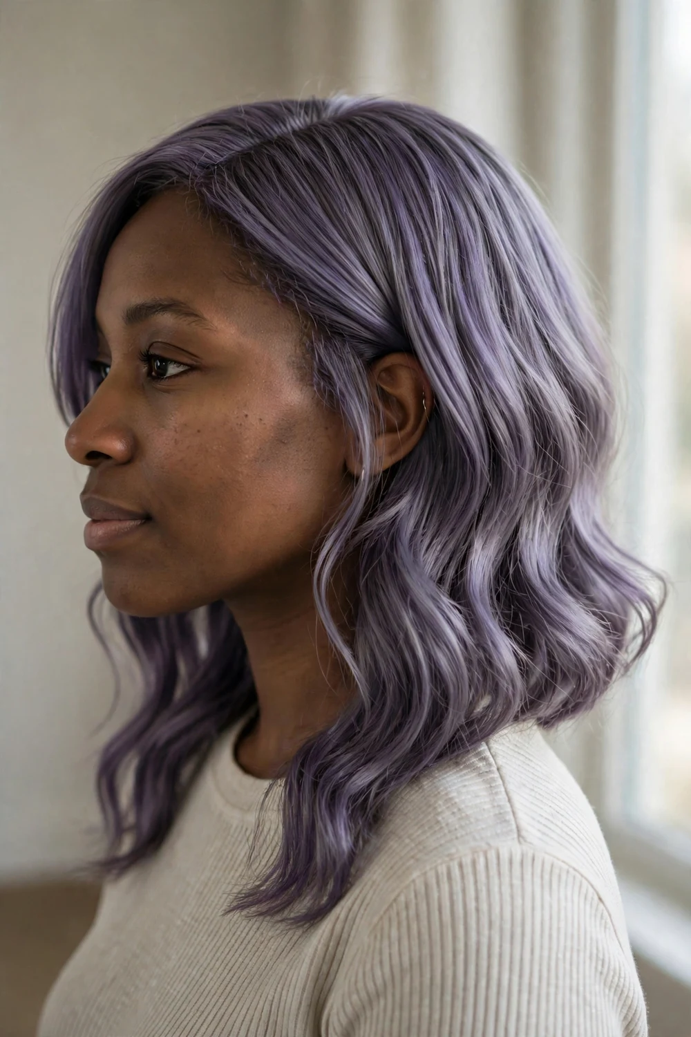Purple-gray asymmetrical bob on shoulder-length hair with soft waves
