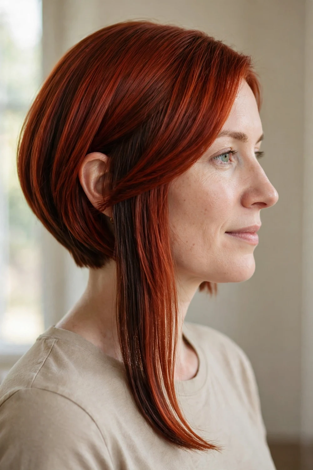 Smooth rich red asymmetrical bob with glossy straight finish