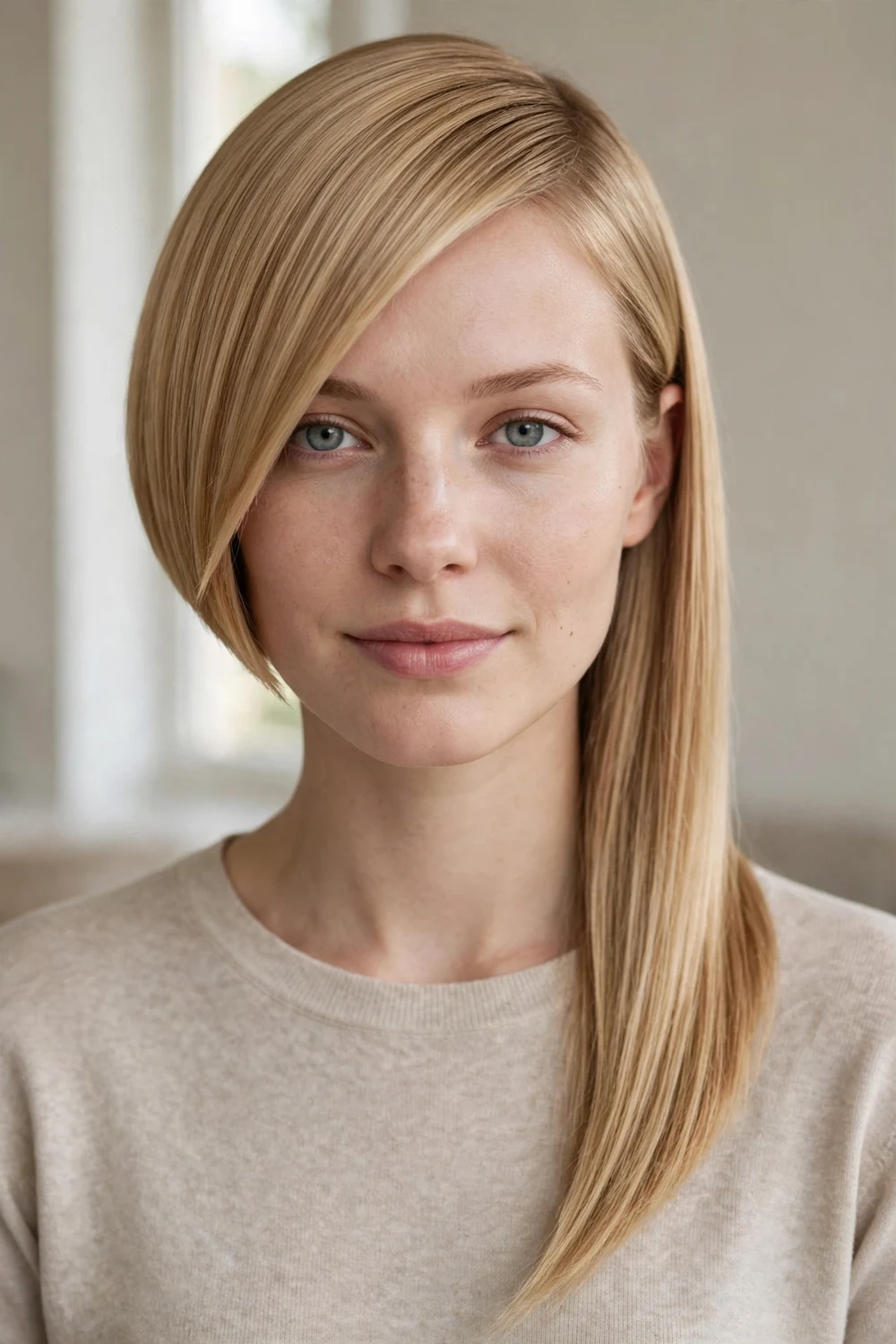 Sharp angled asymmetrical bob with severe clean diagonal edges
