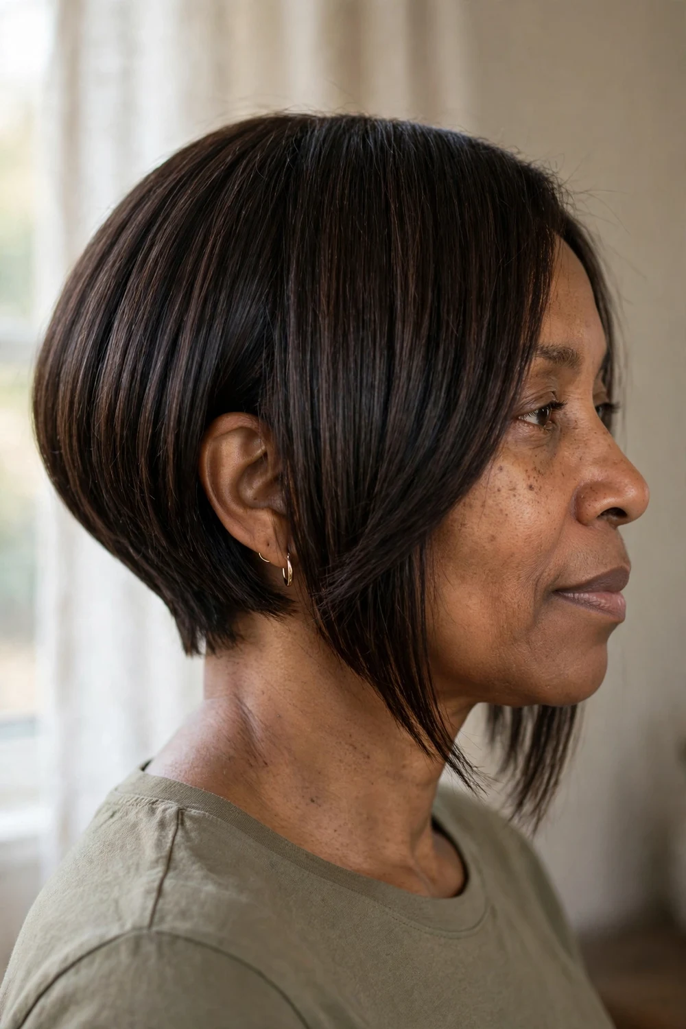 Short asymmetrical bob, chin length on one side and jaw length on the other