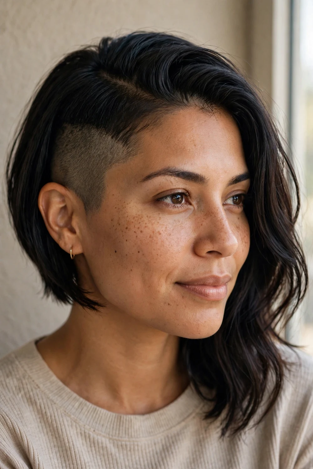 Asymmetrical bob with one side shaved and long top swept over