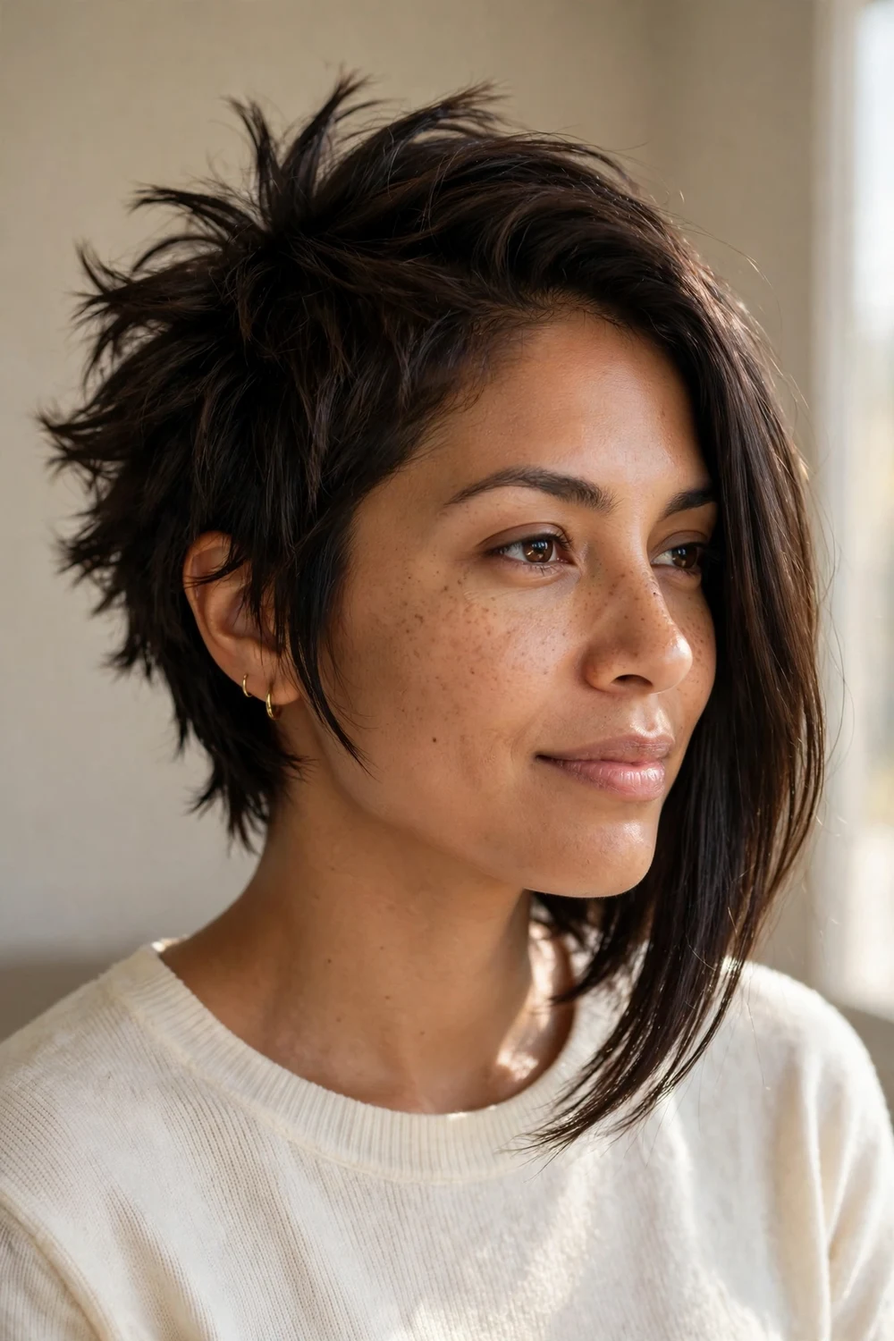 Spiked asymmetrical bob with textured short layers on one side