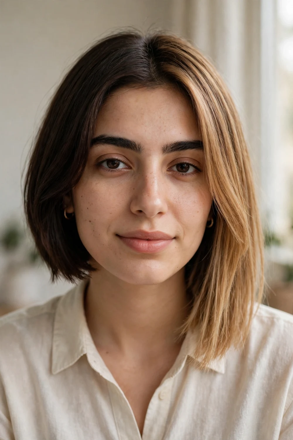Two-toned asymmetrical bob, dark brown on one side and caramel blonde on the other