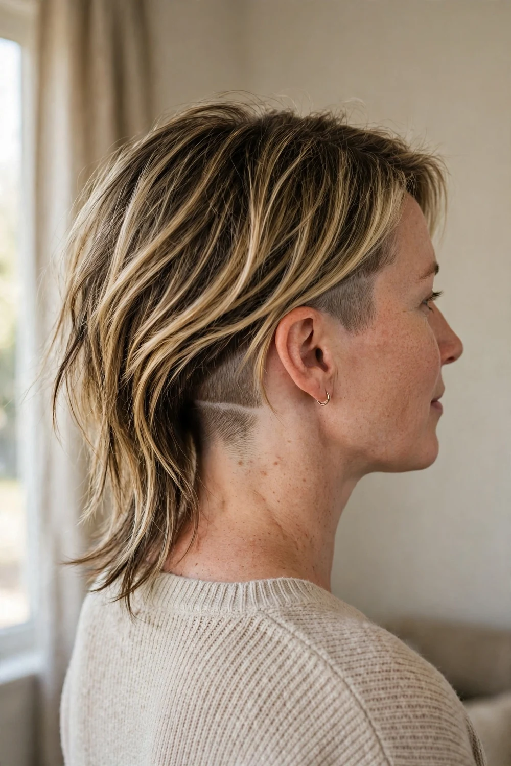 Asymmetrical bob with nape undercut, longer layers sweeping over