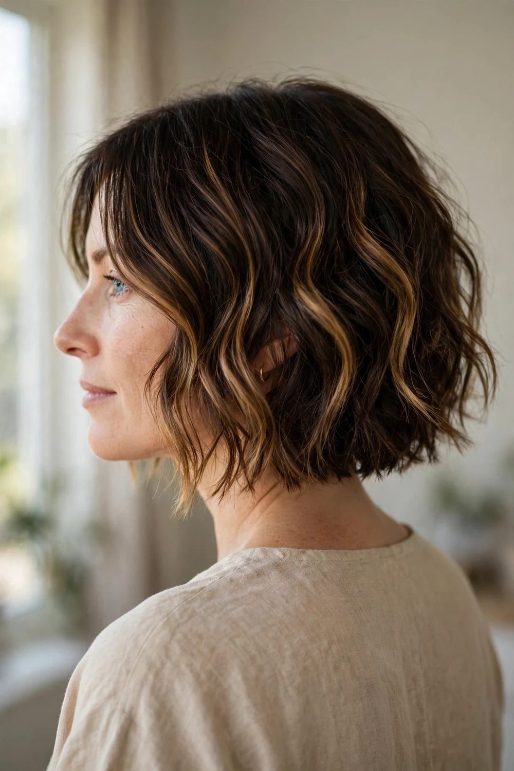 Asymmetrical bob with wavy balayage highlights and beachy waves