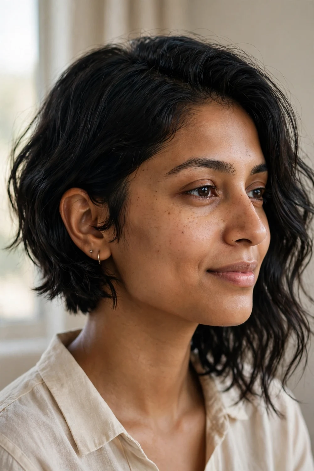 Wavy asymmetrical bob with tousled soft waves and uneven sides