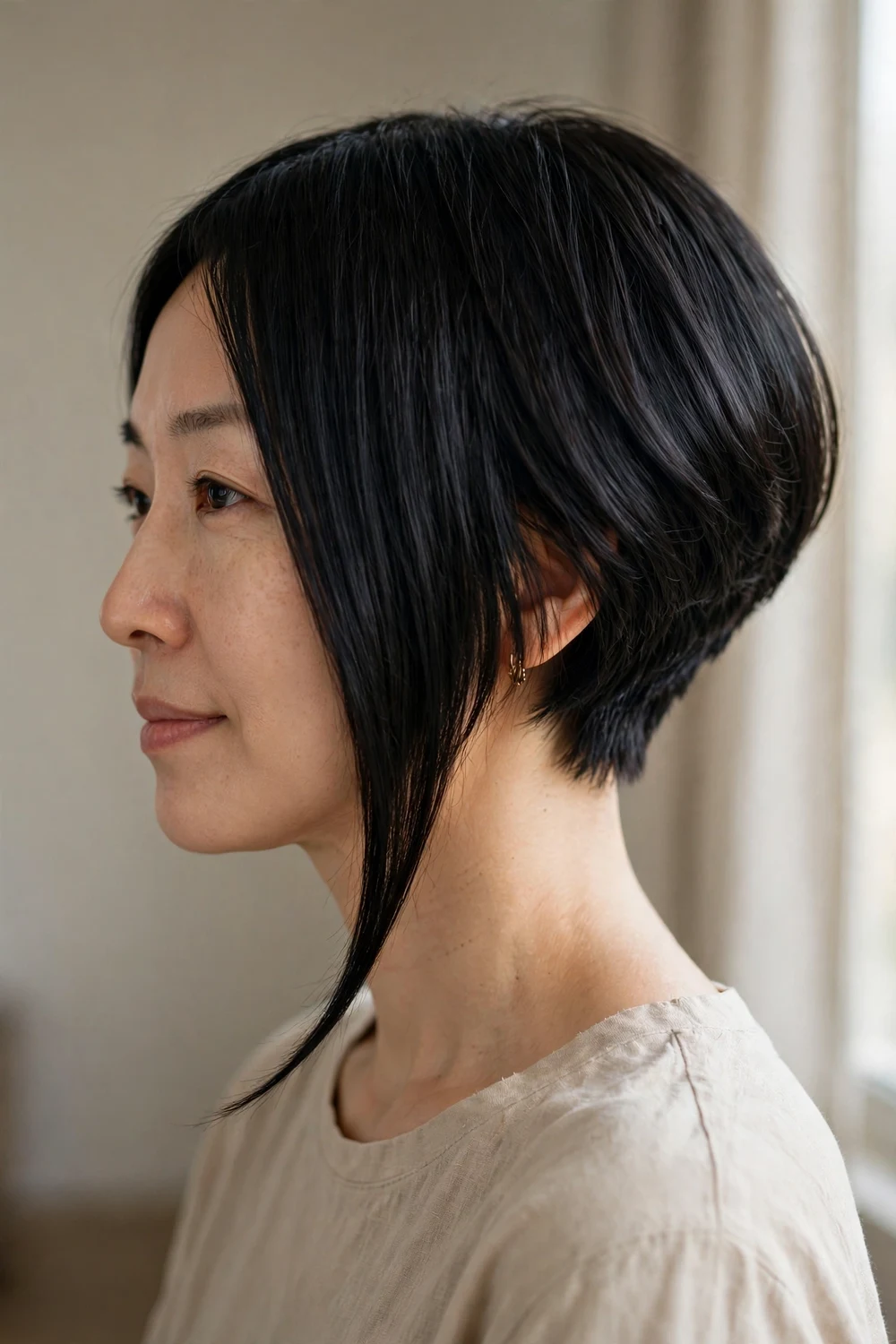 Wedged asymmetrical bob with stacked back and elongated front side