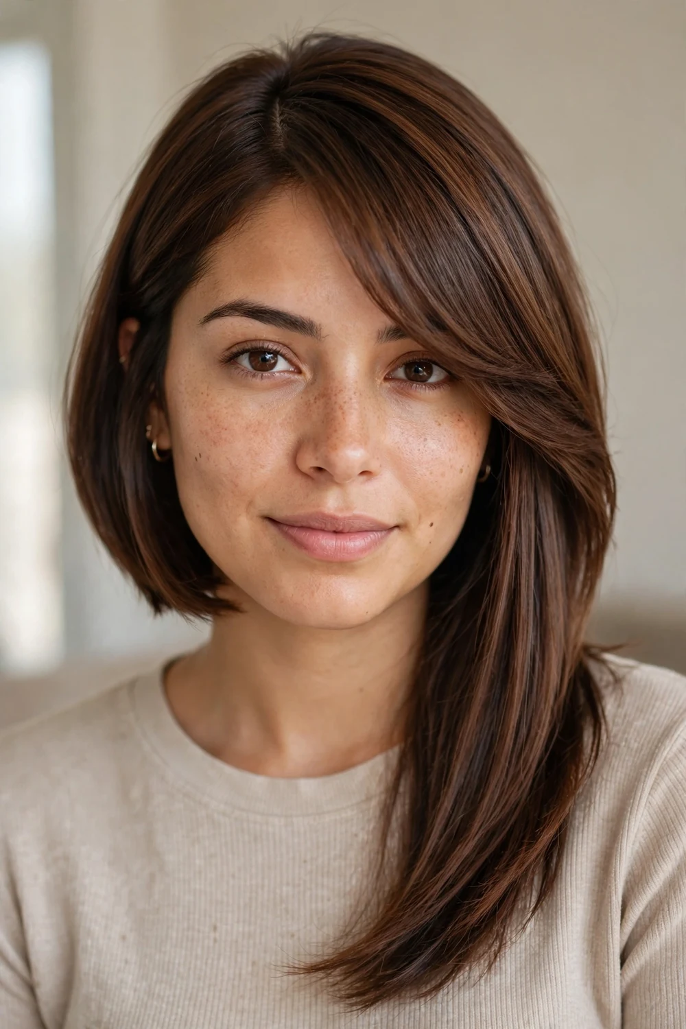 Asymmetrical bob with side-swept bangs and extended longer front