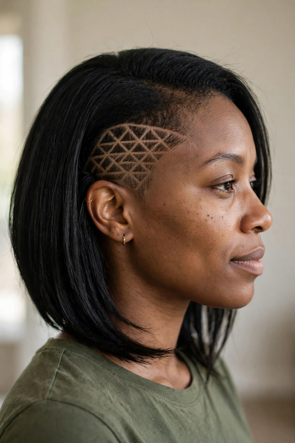 Black woman with asymmetrical bob, longer hair tucked behind the ear revealing a shaved undercut design