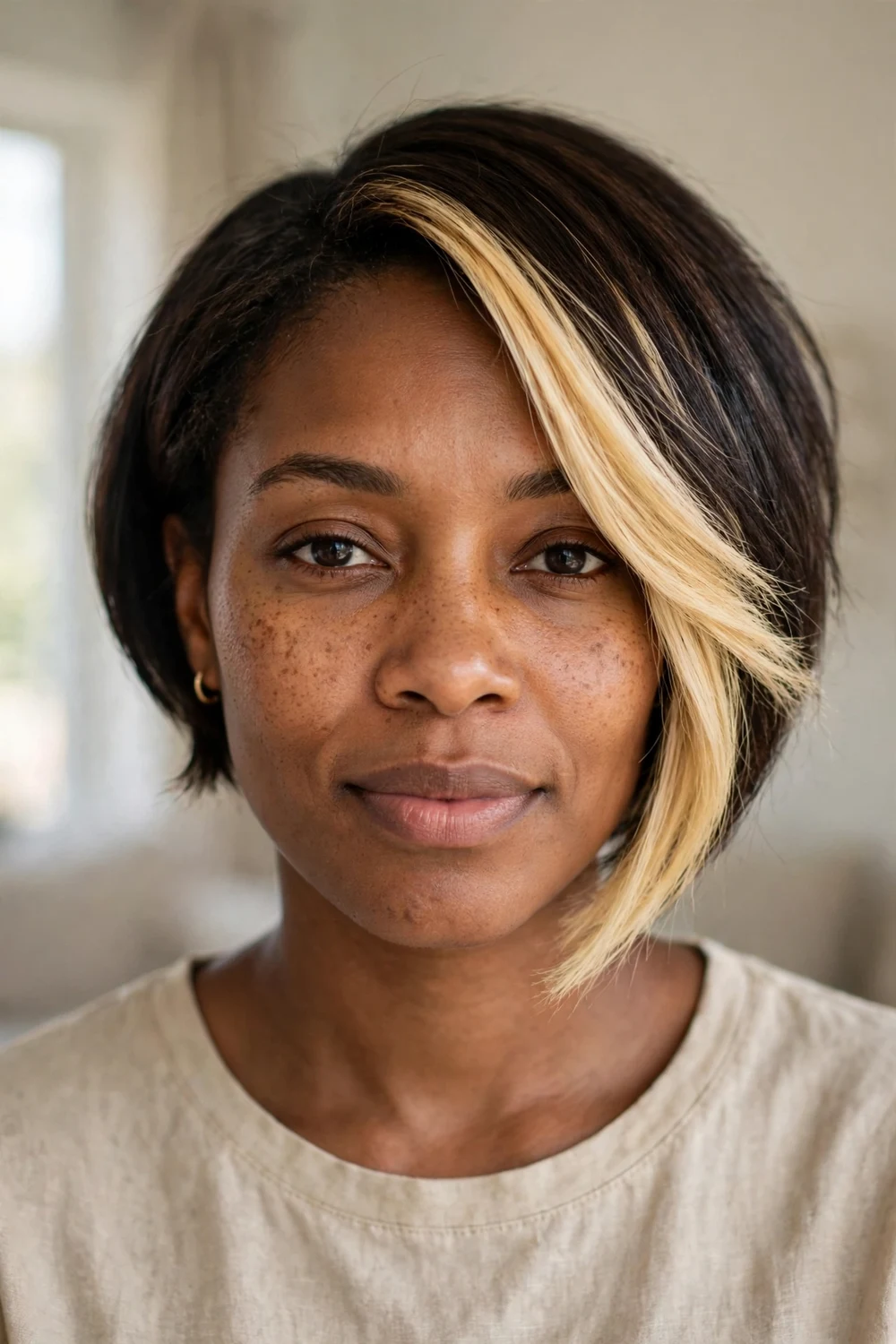 Black woman with asymmetrical bob and a bright money piece framing the face on the long side