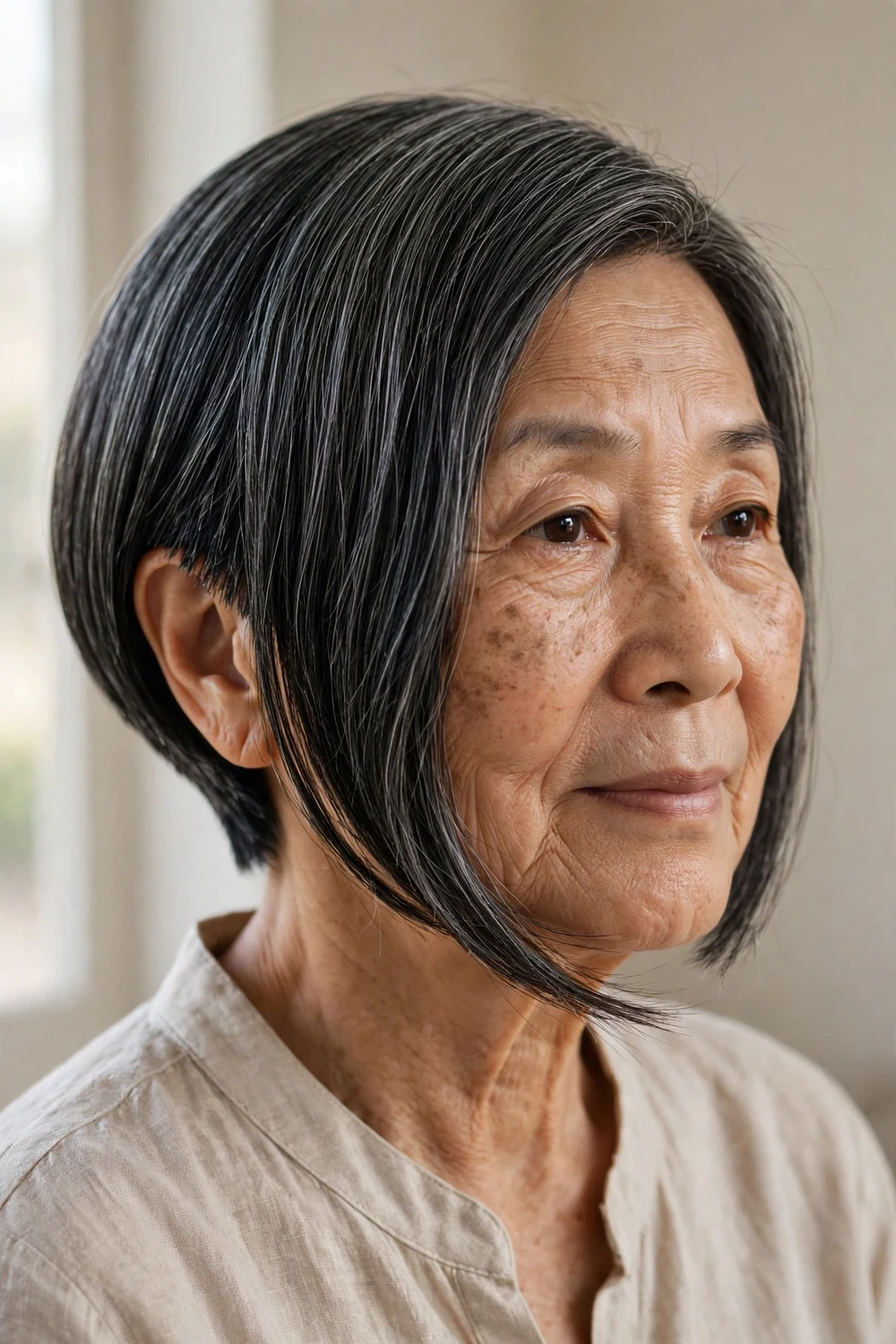 Woman over 60 with asymmetrical bob longer on one side