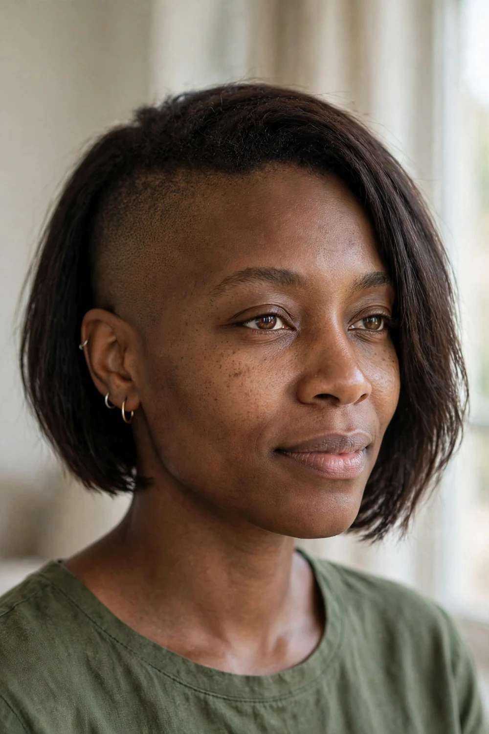Black woman with asymmetrical bob, full length on one side and a closely shaved section on the other