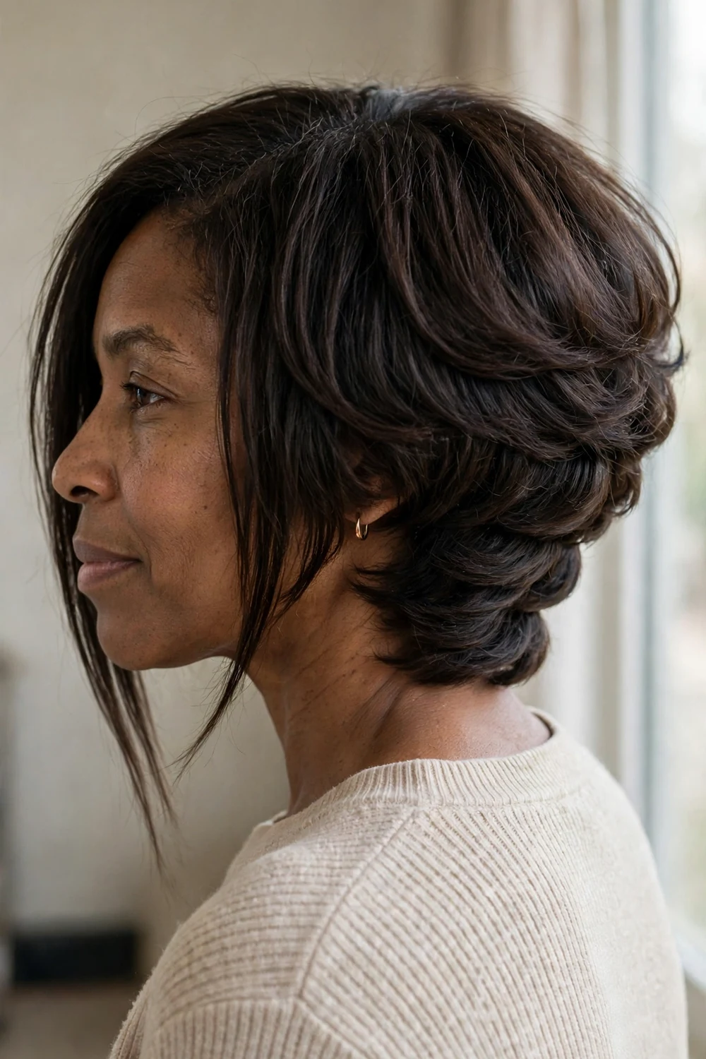 Black woman with asymmetrical bob featuring stacked layers at the nape and a long angled front