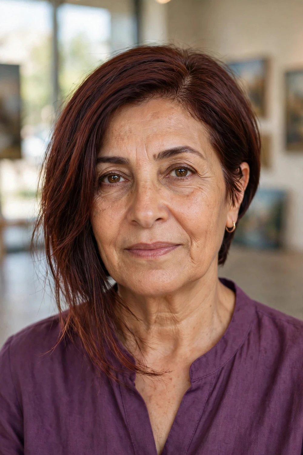 Woman over 50 with an asymmetrical bob haircut on thin auburn hair