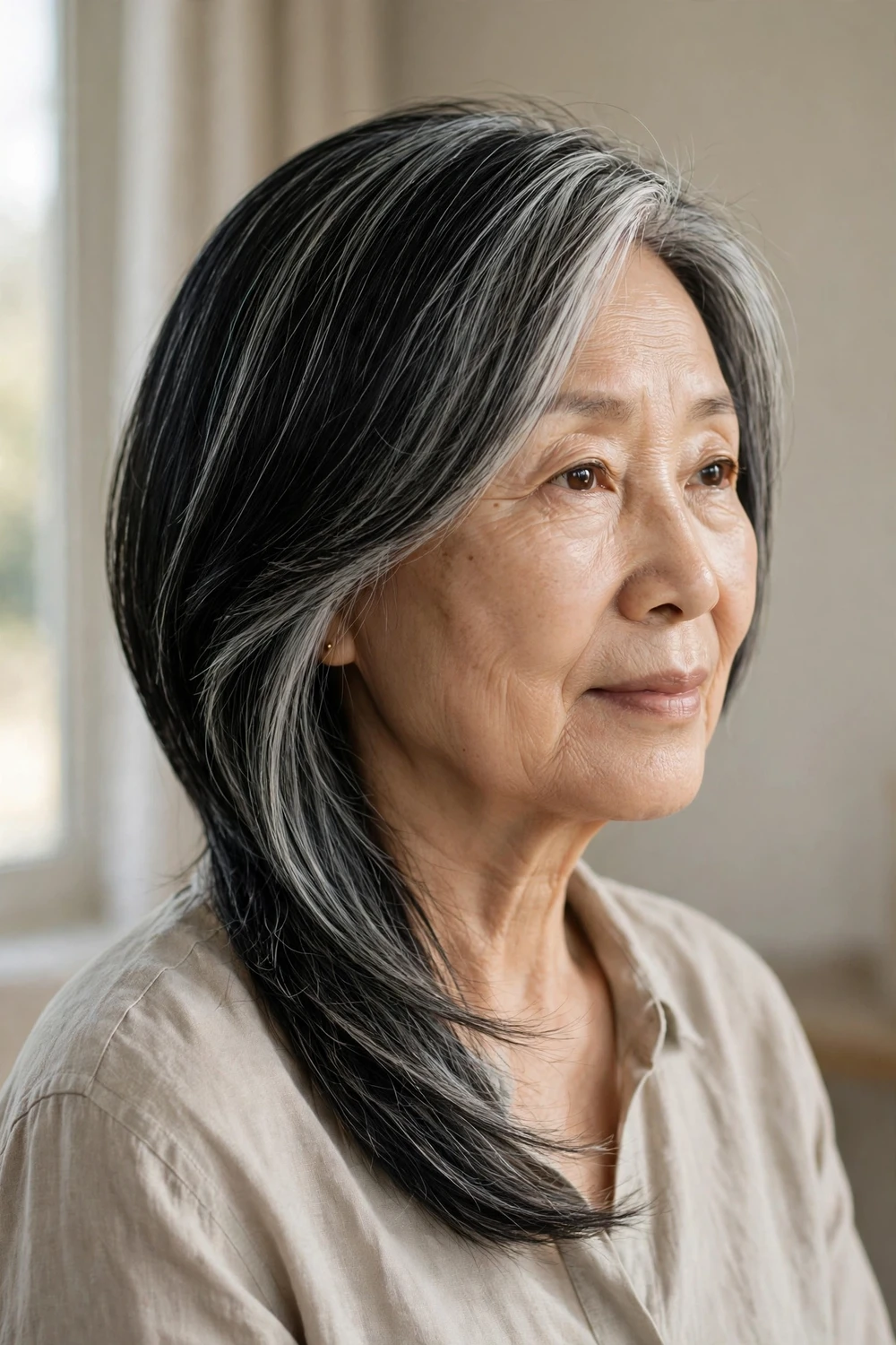 Asymmetrical bob with one longer side on a woman over 60 with fine hair