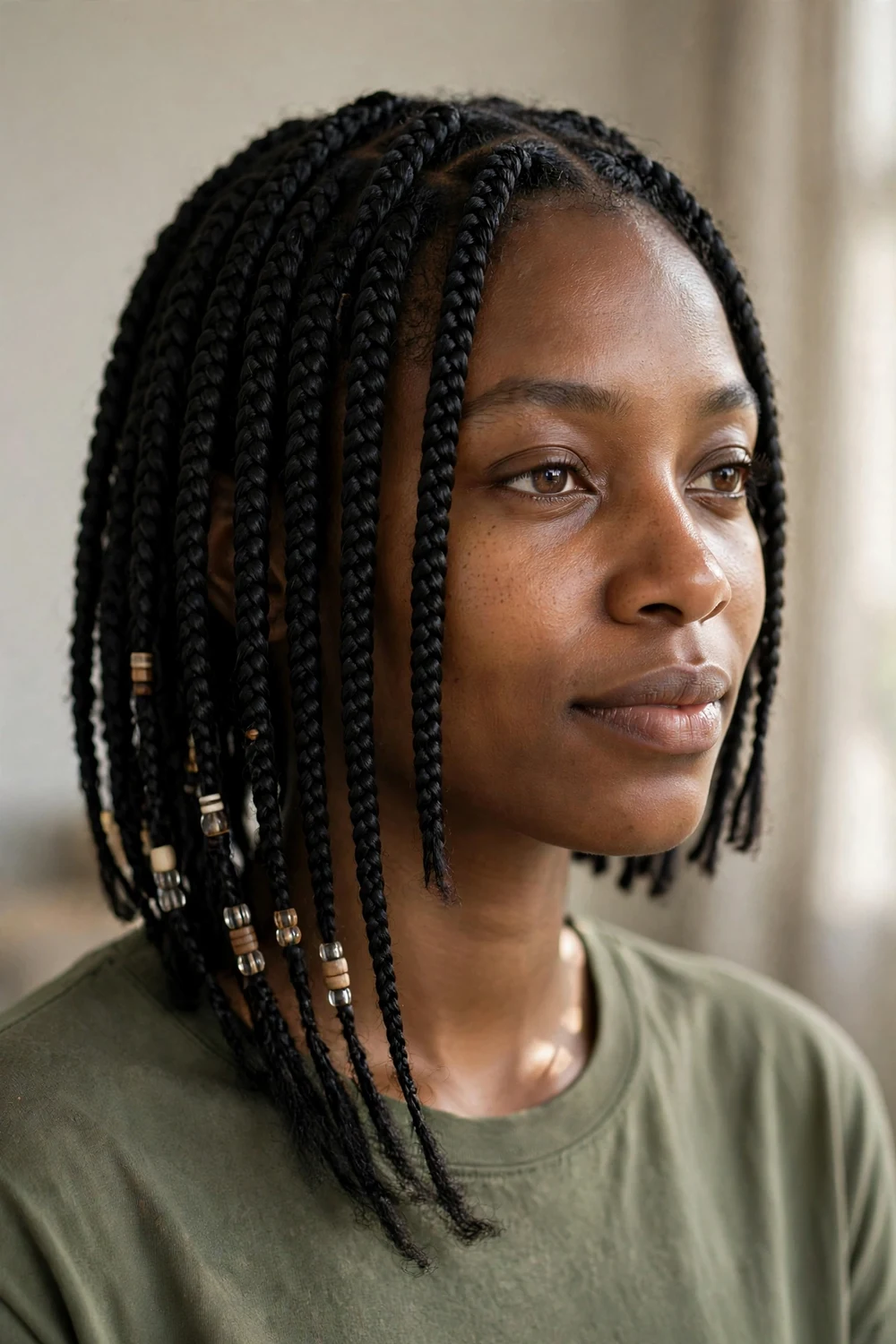 Black woman with asymmetrical braided bob, one side of neat braids longer than the other