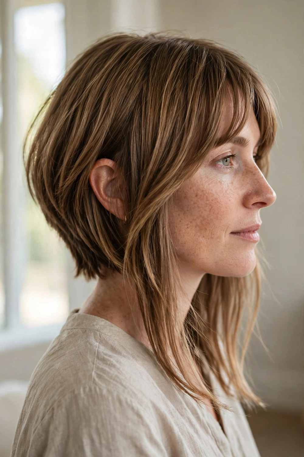 Asymmetrical chic lob with curtain bangs on fine hair