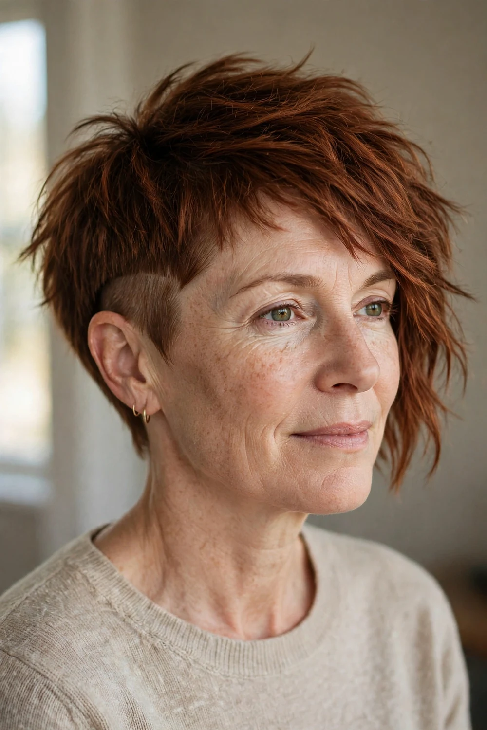 Asymmetrical choppy pixie with one side longer and chunkier than the other
