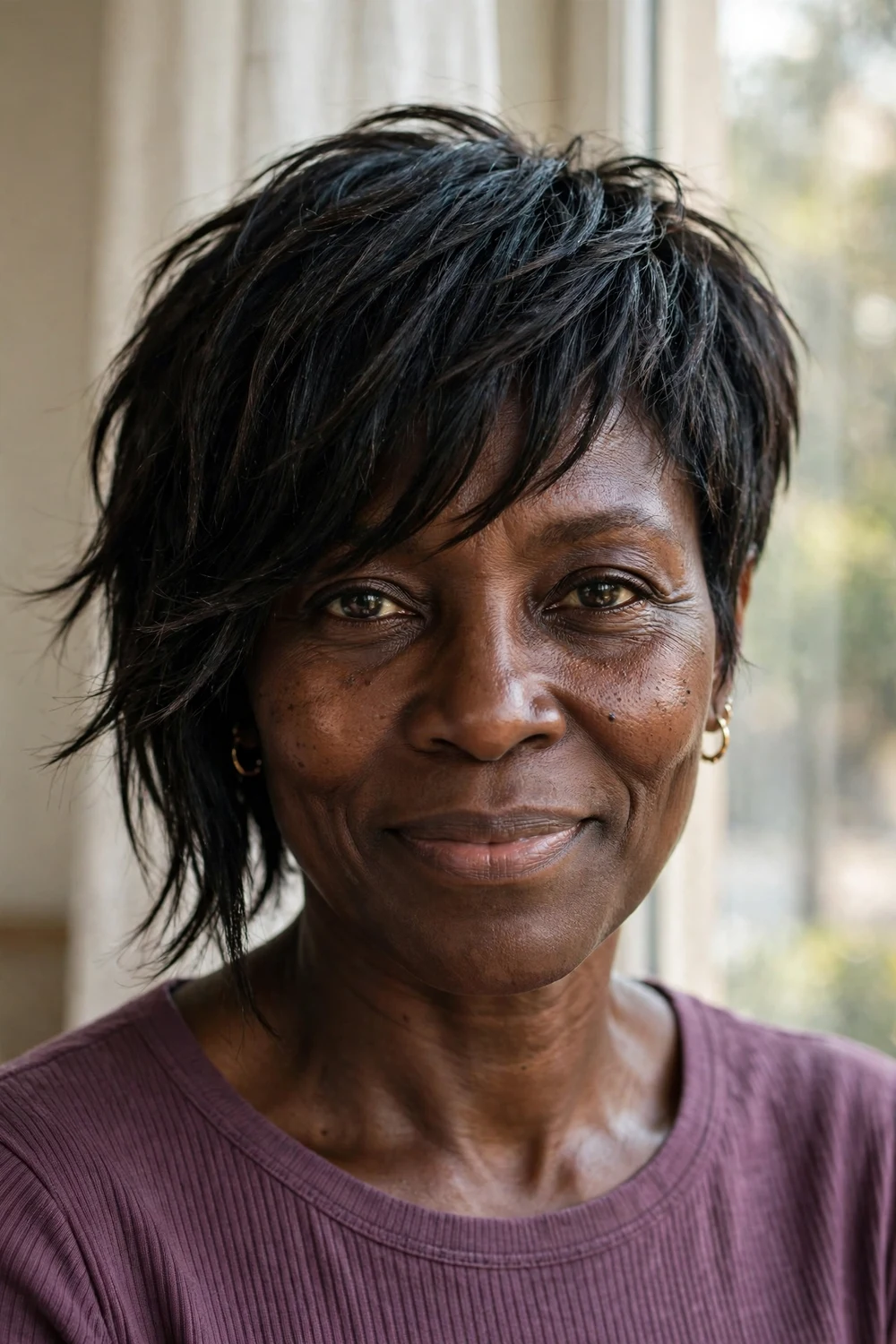 Woman over 50 with asymmetrical choppy pixie, one side longer than the other