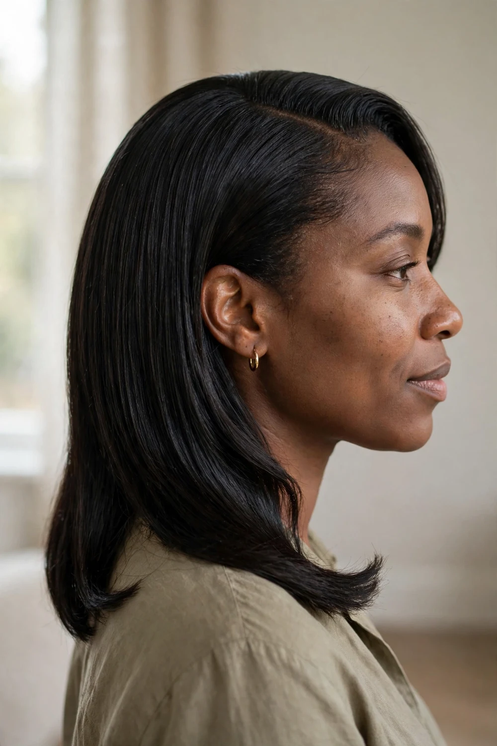 Black woman with asymmetrical comb over lob, deep side part and extra-long jagged front ends