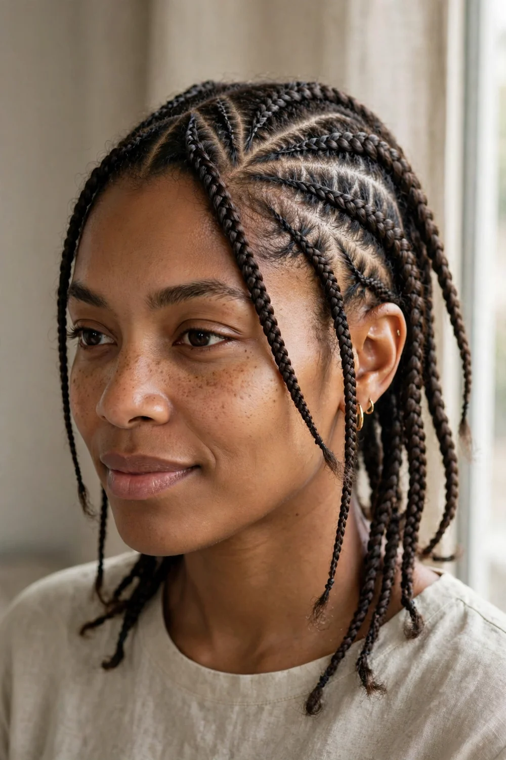Asymmetrical cornrows in diagonal patterns