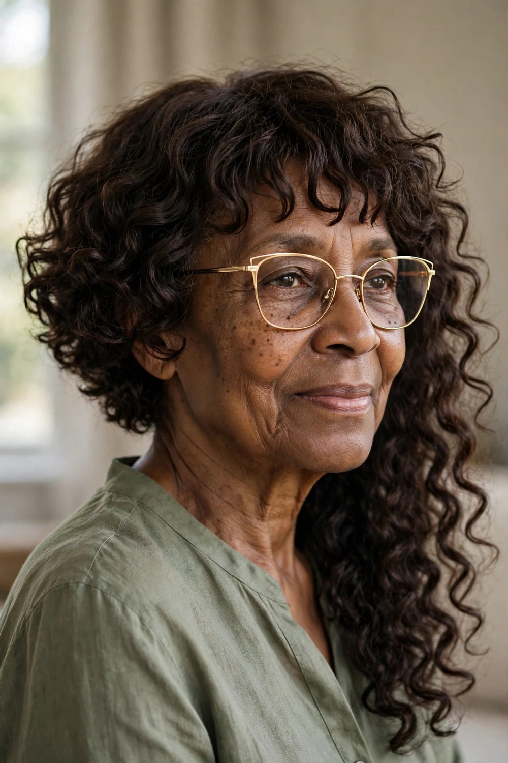 Woman over 60 with an asymmetrical curly bob and glasses