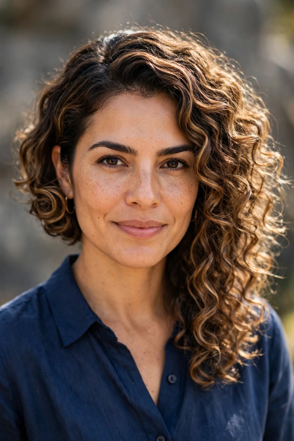 Woman with an oval face wearing an asymmetrical curly bob with one side longer than the other