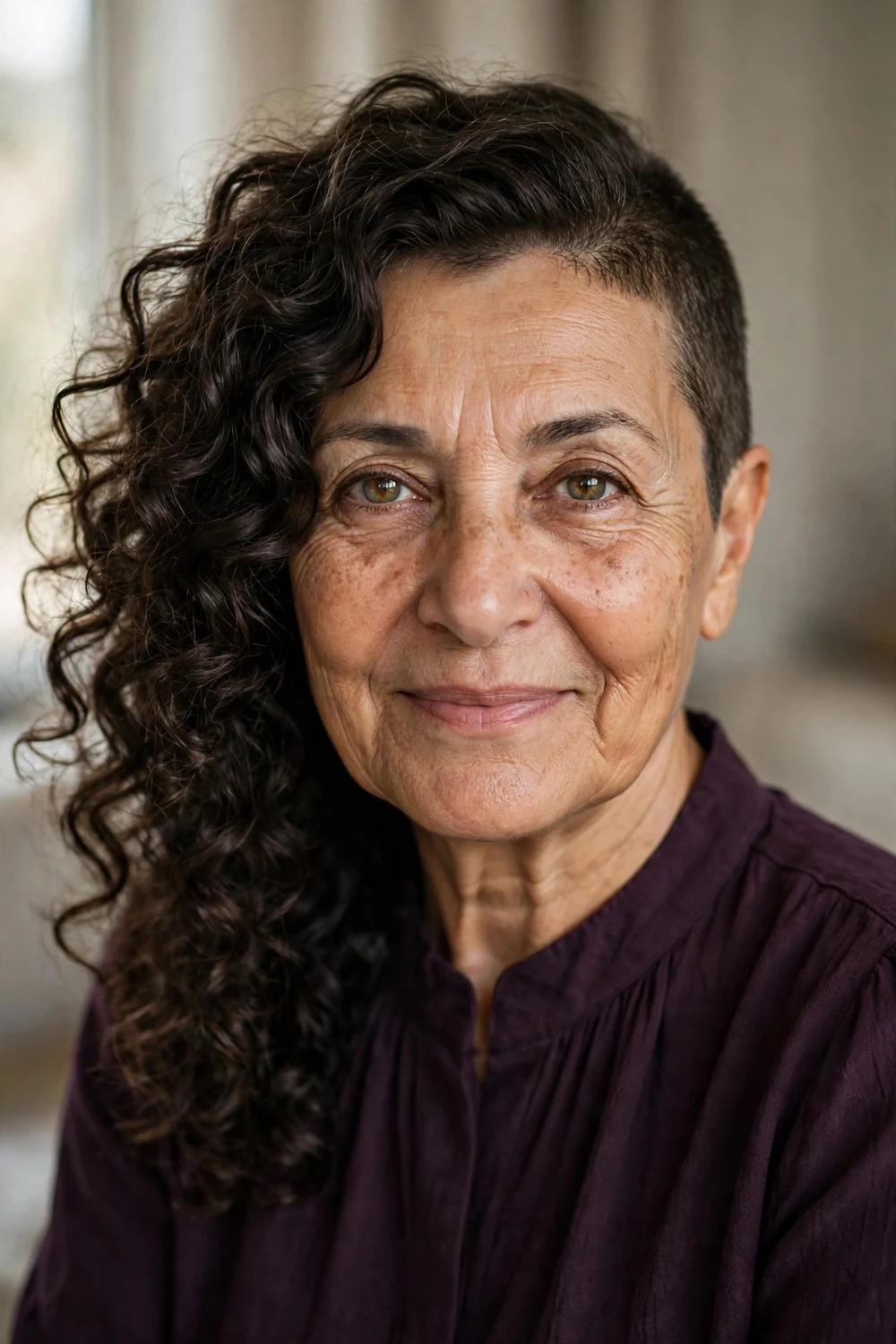 Bold asymmetrical curly cut with uneven lengths on older woman