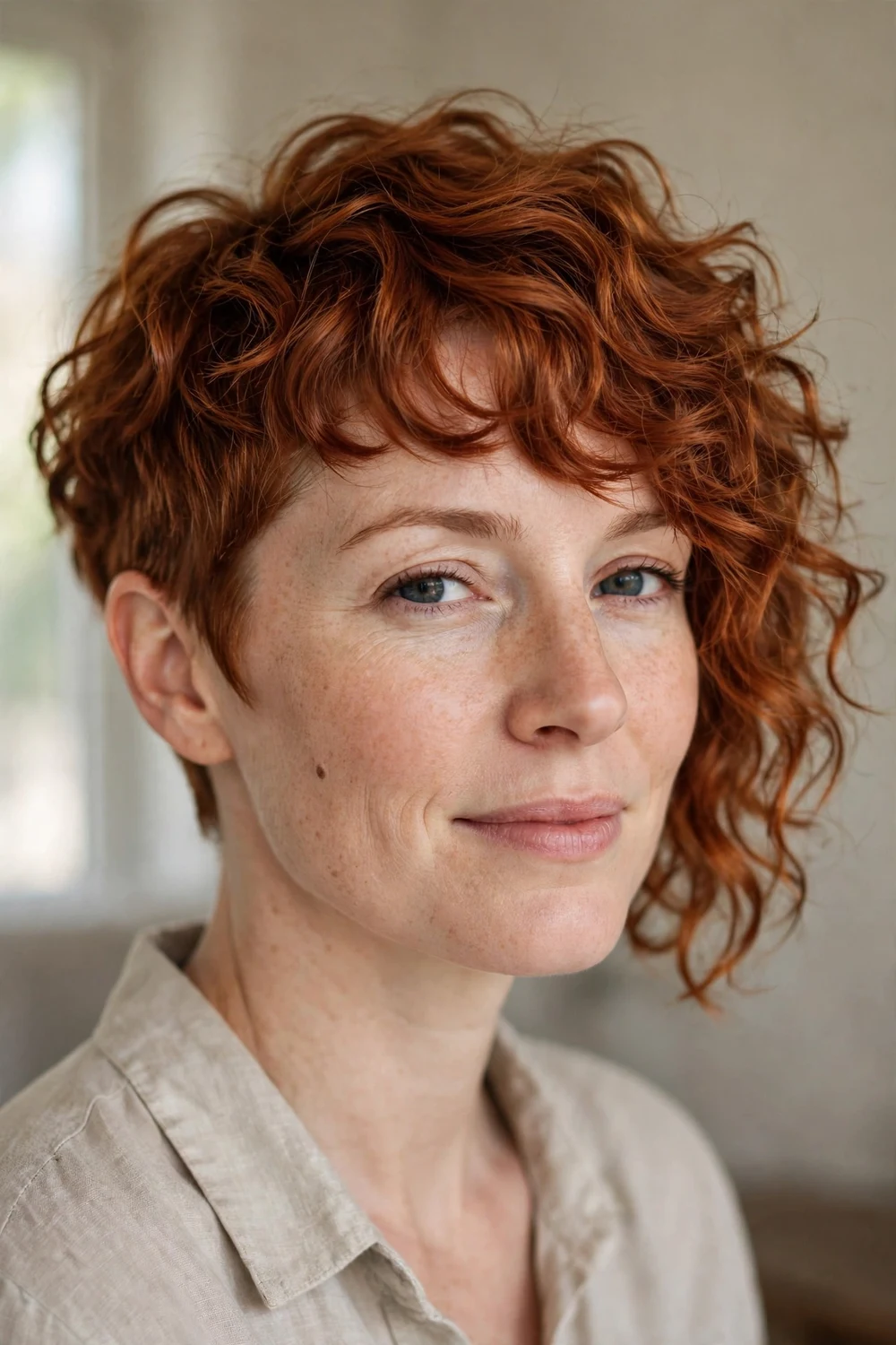 Asymmetrical curly pixie with bangs, one side longer